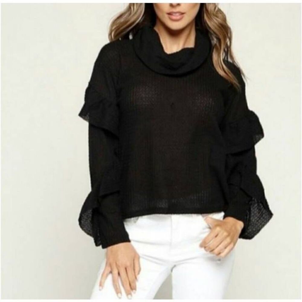 HEART & HIPS Ruffle Sleeve Waffle Hacci Top Black Sz.S NWT.